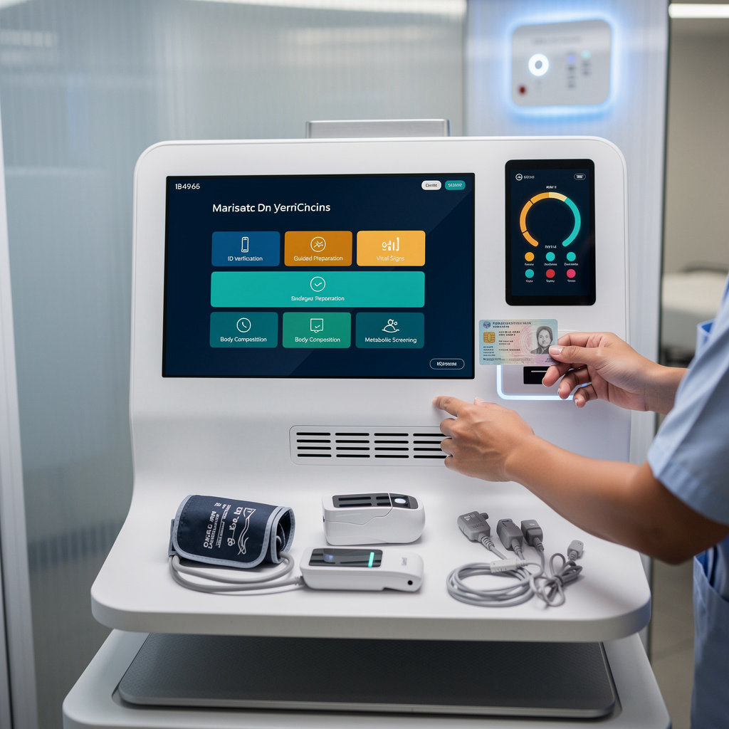 Cabina Check-up di Invent Solutions srl SB - sistema diagnostico automatizzato con identificazione sicura, preparazione guidata e rilevazione parametri vitali